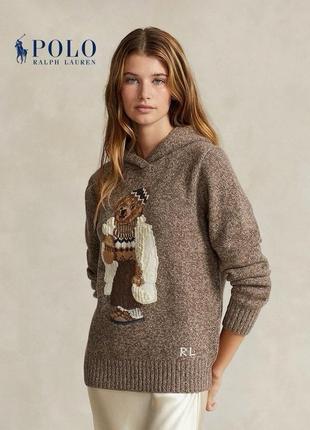 Свитер polo с мишкой капюшоном бежевый коричневый женский