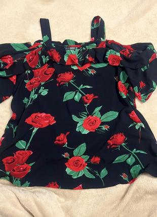 Нарядна блуза, блуза в квітковий принт, квіти, троянди, великого розміру, батал, плечі5 фото