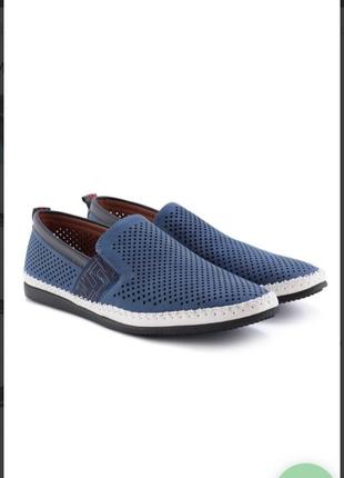 Стильні сині замшеві мокасини чоловічі туфлі літні з перфорацією