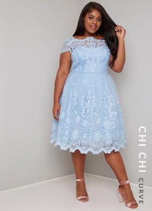 Chi chi london платье, платье, пышное, объемное, фатин, органза, нарядное, зефирка,небесного цвета, кружево, батал, внликового размера1 фото