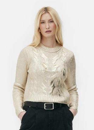Стильный вязаный женский свитер с золотым напылением теплый модный свитер золото