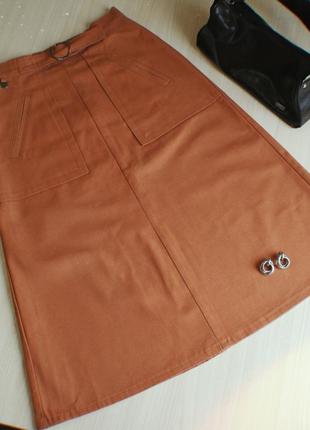 Юбка миди с карманами коттон а силуэта терракотовая коричневая оранжевая s m