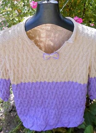 Туника женская блузка вязаный хлопок бежево-фиолетовая классическая