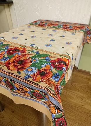 Натуральна льняна скартертина в українському стилі маки ромашки 110*150, 180*150, 150*220