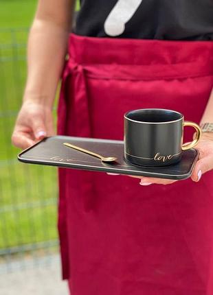 Чашка с блюдцем и ложкой "love", 200 мл черная o8030-129