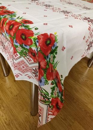 Натуральная льняная скартерть в украинском стиле маки 110*150, 180*150, 150*2205 фото