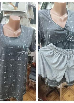 Серая натуральная пижама футболка и шорты