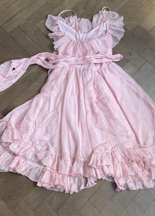 Шифонова коктейльне або випускне плаття з запахом і розрізом рожевого кольору s xs2 фото