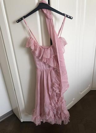 Шифонова коктейльне або випускне плаття з запахом і розрізом рожевого кольору s xs3 фото