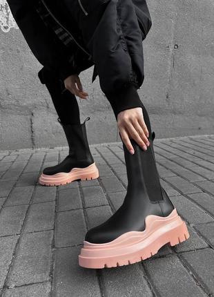 🔥 bottega veneta black pink черевики челсі демісезонні натуральна шкіра рожева підошва