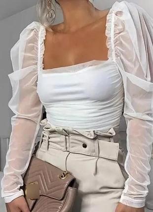 Белый топ/блуза со сборкой и рукавами сеткой/с рукавами фонариками/с квадратным декольте