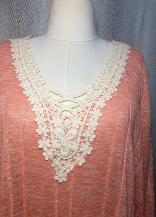 Жіноча коралова трикотажна блузка,блуза, футболка з мереживом  ньюанс  в подарунок до покупки8 фото
