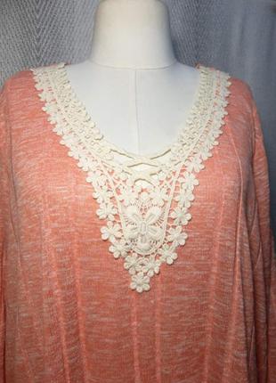 Жіноча коралова трикотажна блузка,блуза, футболка з мереживом  ньюанс  в подарунок до покупки4 фото