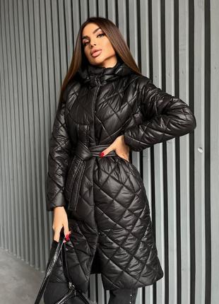 Теплое зимнее женское пальто-куртка с поясом на силиконе 200 😍