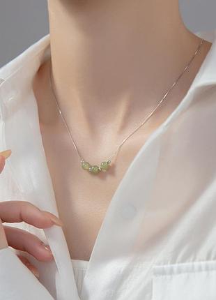 Ланцюжок-чокер срібний нефритові намистини, підвіска з натурального нефриту, срібло 925 проби, довжина 45 см