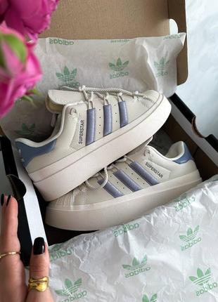 Нереально красивые женские кроссовки на платформе adidas superstar bonega beige blue бежевые с небесно-синим4 фото