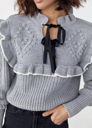Вязаный серый свитер с завязками6 фото