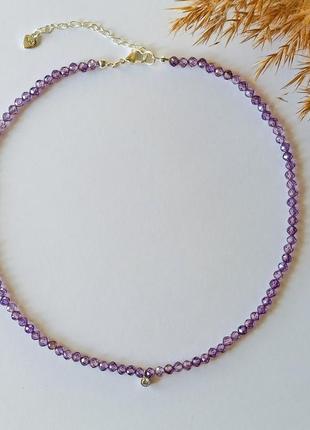 Чокер циркон фиолетовый+подвеска, гипоаллергенная фурнитура (цвет серебро) d-4мм+- l-40-45смм