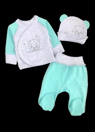 Комплект 3в1: сорочечка, повзунки, шапочка "ведмежатко", інтерлок "mario kids" (56 см) (сорочечка з повзунками