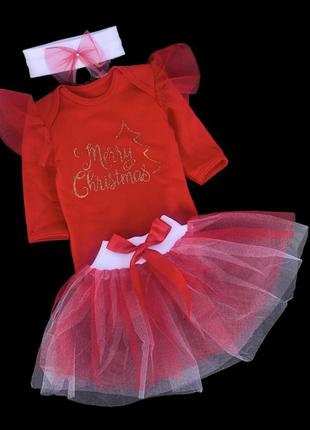 Костюм "merry christmas": спідниця, боді, повʼязка, футер, фатин тм "ua" (костюми із сукнею, сарафаном або