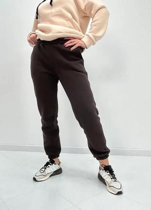 Женские спортивные штаны на флисе высокая посадка коричневые