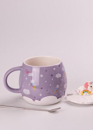 Керамическая чашка с крышкой и ложкой rainbow 400 мл цвет: сиреневый, розовый, голубой, бежевый6 фото