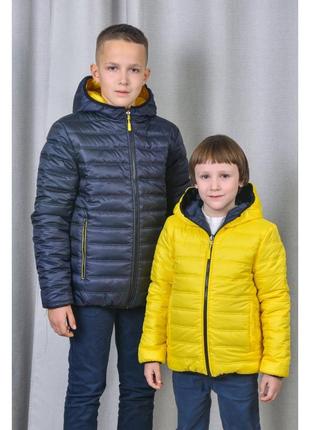 Двухсторонняя курточка на мальчика демисезонная синяя с желтым pleses, размеры 116-164