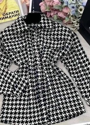 Женское демисезонное твидовое пальто-рубашка на пуговицах узор гусиная лапка размеры 42-564 фото