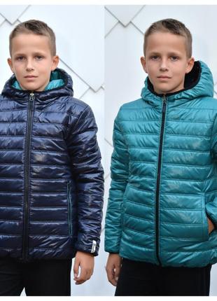 Двухсторонняя курточка на мальчика демисезонная синяя с бирюзовым pleses, размеры 110-164