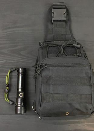 Набор: армейская черная сумка + фонарь тактический профессиональный police bl-x71-p503 фото