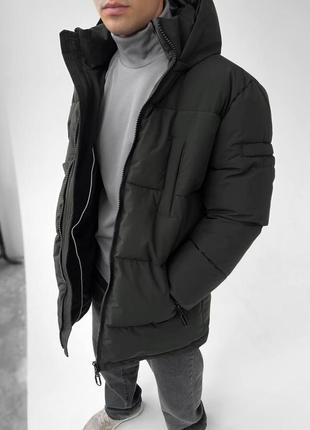 Мужская удлиненная зимняя куртка парка хаки с капюшоном