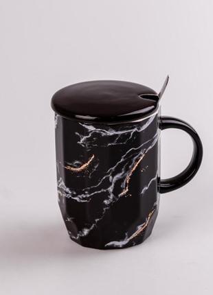 Чашка с мраморным узором, керамика, с крышкой и ложкой, 420 мл цвет: белый4 фото