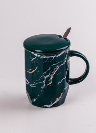 Чашка с мраморным узором, керамика, с крышкой и ложкой, 420 мл цвет: белый5 фото