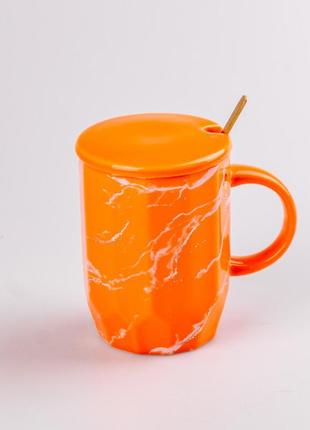 Чашка с мраморным узором, керамика, с крышкой и ложкой, 420 мл цвет: белый3 фото