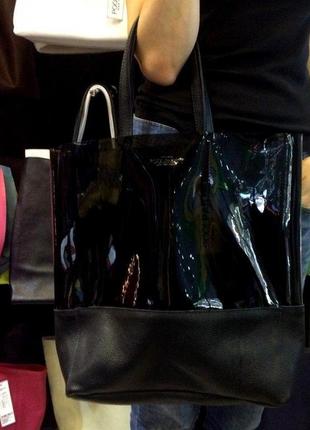Стильная ,модная женская комбинированная кожаная/силиконовая черная сумка7 фото