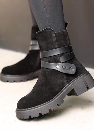Ботинки женские замшевые мех черные10 фото