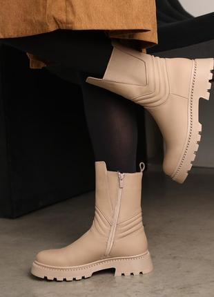 Трендовые бежевые женские челси зимние на массивной подошве, кожа кожа-женская обувь зима2 фото