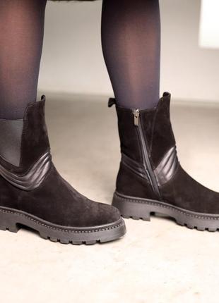 Трендовые черные женские ботинки челси зимние с мехом замшевые/натуральная замша-женская обувь зима20245 фото