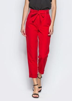 Легкі червоні брюки укорочені з високою талією вкорочені штани з кишенями та поясом прямі зі складка
