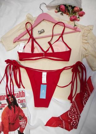 Красный раздельный женский купальник лиф с треугольными чашками плавки бикини на завязках по бокам2 фото
