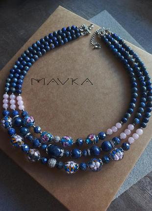 Намисто трьохрядне  кольє чокер мурано содаліт лазуріт рожевий кварц