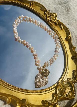 Намисто heart з натурального рожевого та білого річкових перлів і позолоченої латуні 45 см