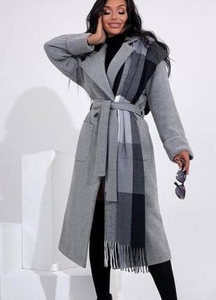 Пальто с поясом длинное черное мокко кэмэл Серое1 фото