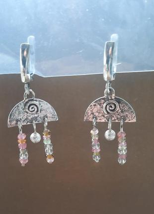 Дизайнерские шикарные исторические словар"янские соибные серьги с бусинами природного турмалина реконструкция сережек двучаток тройчаток