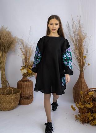 Платье вышиванка для девочки черный лён
