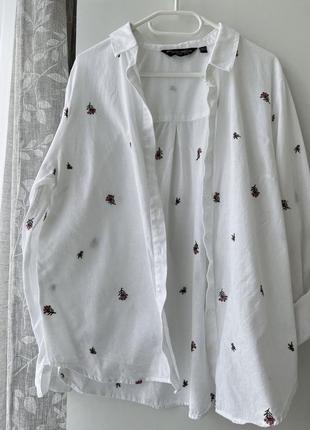 Невероятная льняная, белоснежная рубашка, рубашка лен, вышивка, вышитые цветы лотон оверсайз, удлиненная 💐1 фото