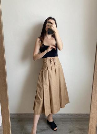 Хлопковая юбка миди со шнуровкой бежевая песочная кэмел h&m