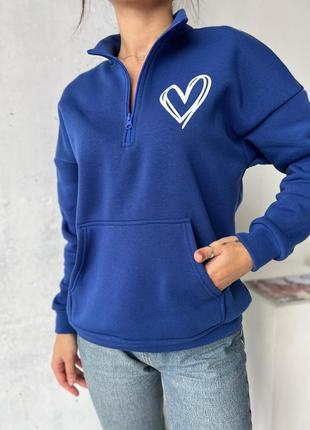 Женский теплый синий батник, спортивная кофта с сердечком на флисе, свитшот1 фото