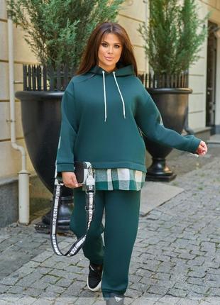 Костюм-двійка жіночий спортивний теплий на флісі на бавовняній основі, худі, штани, батал, зелений3 фото