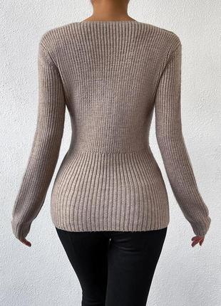 Песочный свитер/джемпер с узлом/с треугольным декольте9 фото